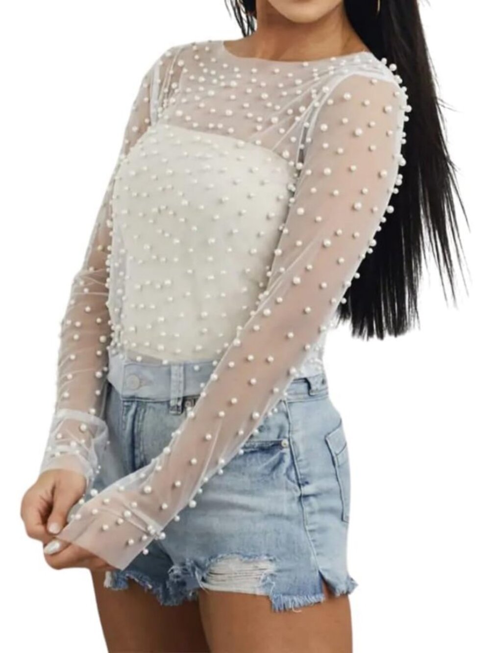 Sheer Mesh Pearl Rhinestone Long Sleeve Crop Top - Sexy Slim Fit Blouse for